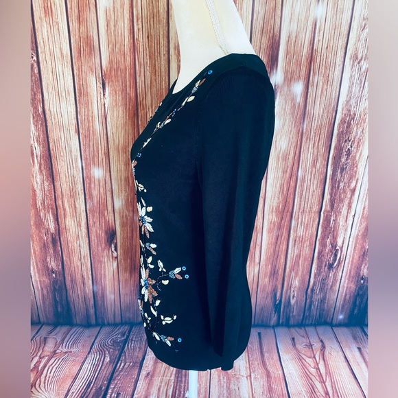 Women’s Small Blouse Lucia Burns Black Floral Embroidery Bead Sequin 3/4 Sleeve - Picture 8 of 12